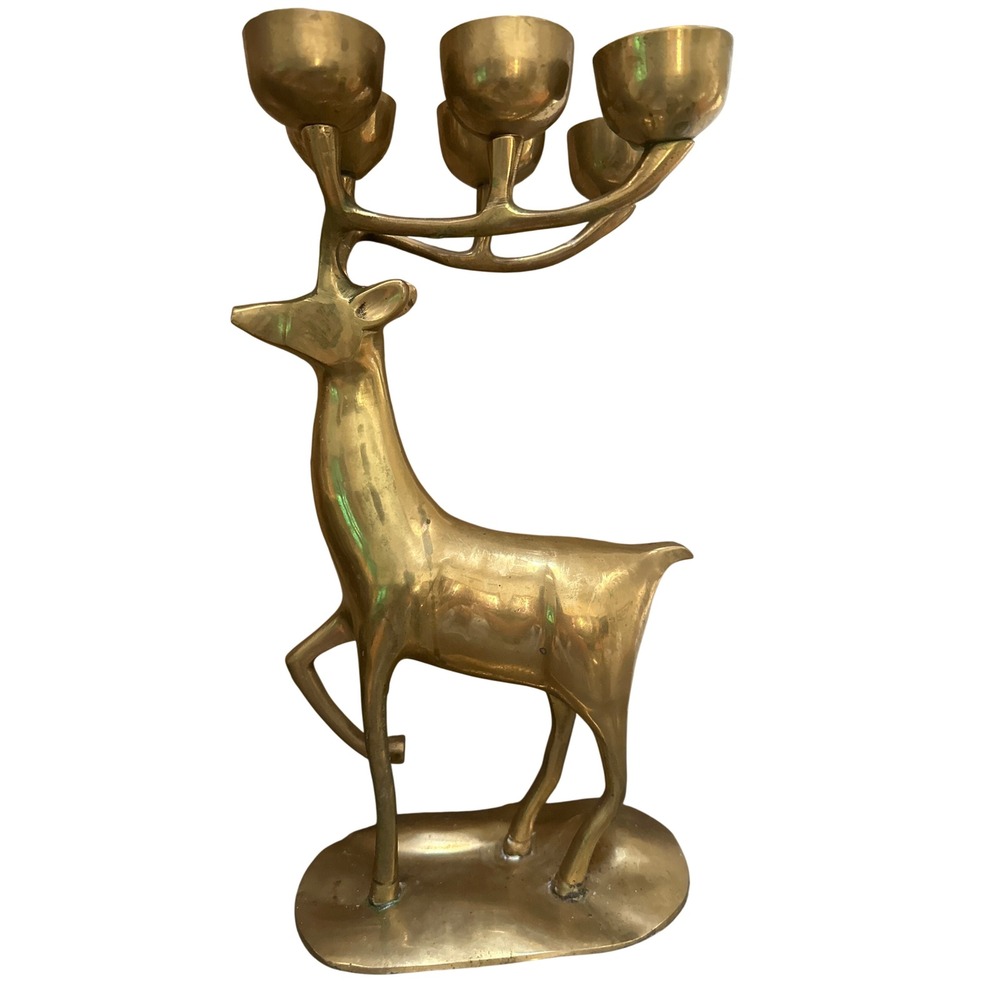 Vtg Brass Deer Reindeer 6 Antler Candle Holder Silvestri 14" Tall Christmas